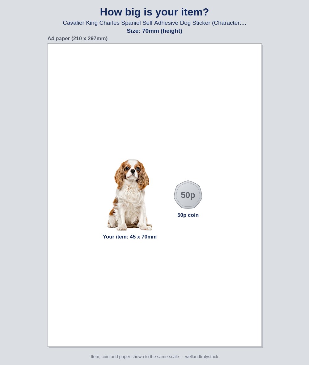Example picture: a dog sticker drawn 70mm tall next to a 50p coin on a sheet of A4 paper